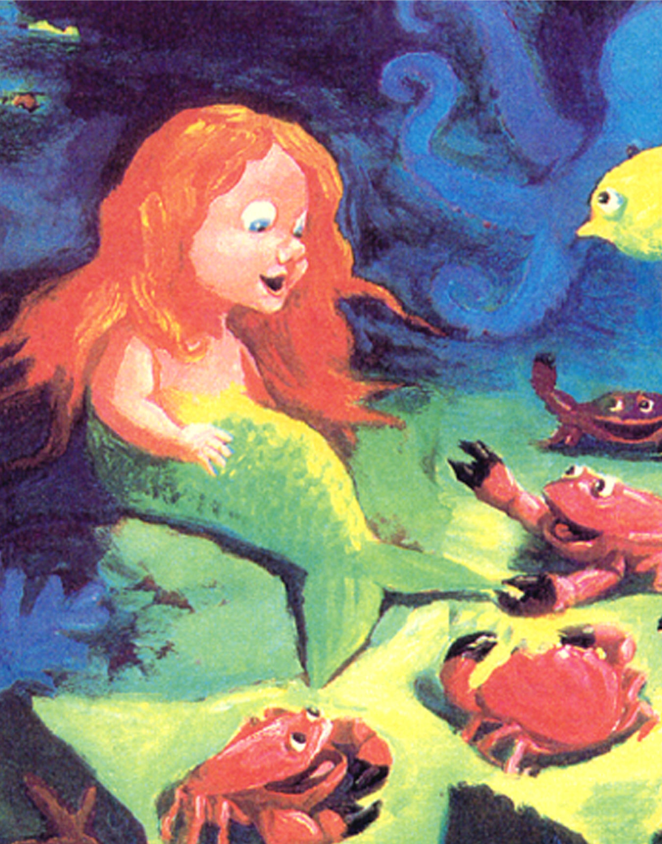 Illustration du spectacle d'histoires de la mer montrant une sirène sous l'eau entourée d'animaux marins, de poissons et de crabes