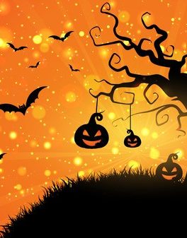 Illustration du spectacle de contes d'Halloween représentant un arbre, des citrouilles et chauves-souris dans la forêt d'une sorcière et d'un dragon