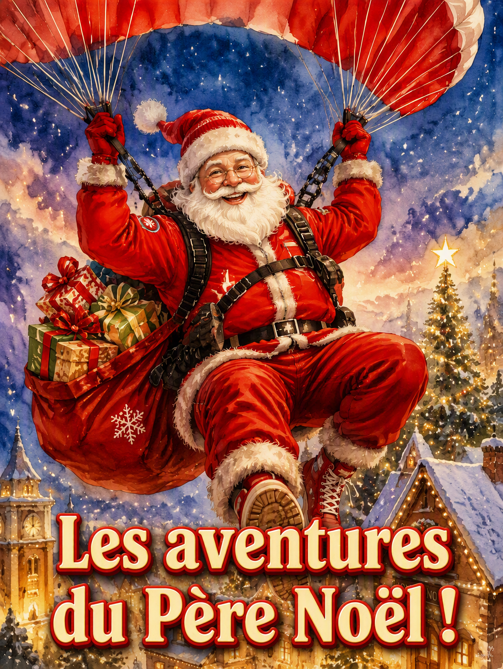 Affiche du spectacle Les aventures du Père Noël : le Père Noël descend en parachute