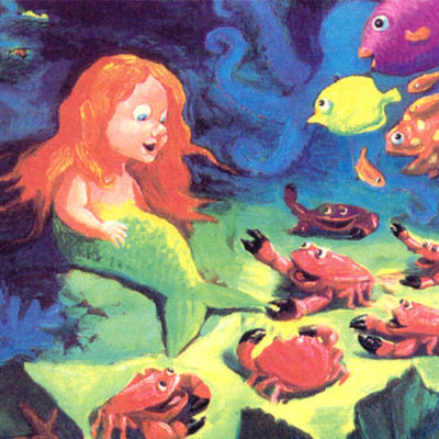 sirène racontant des histoires aux poissons, crabes et pieuvres au fond de la mer